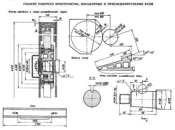 Габарит робочого простору верстата 3В423 для перешліфування шийок колінчастиних валів.